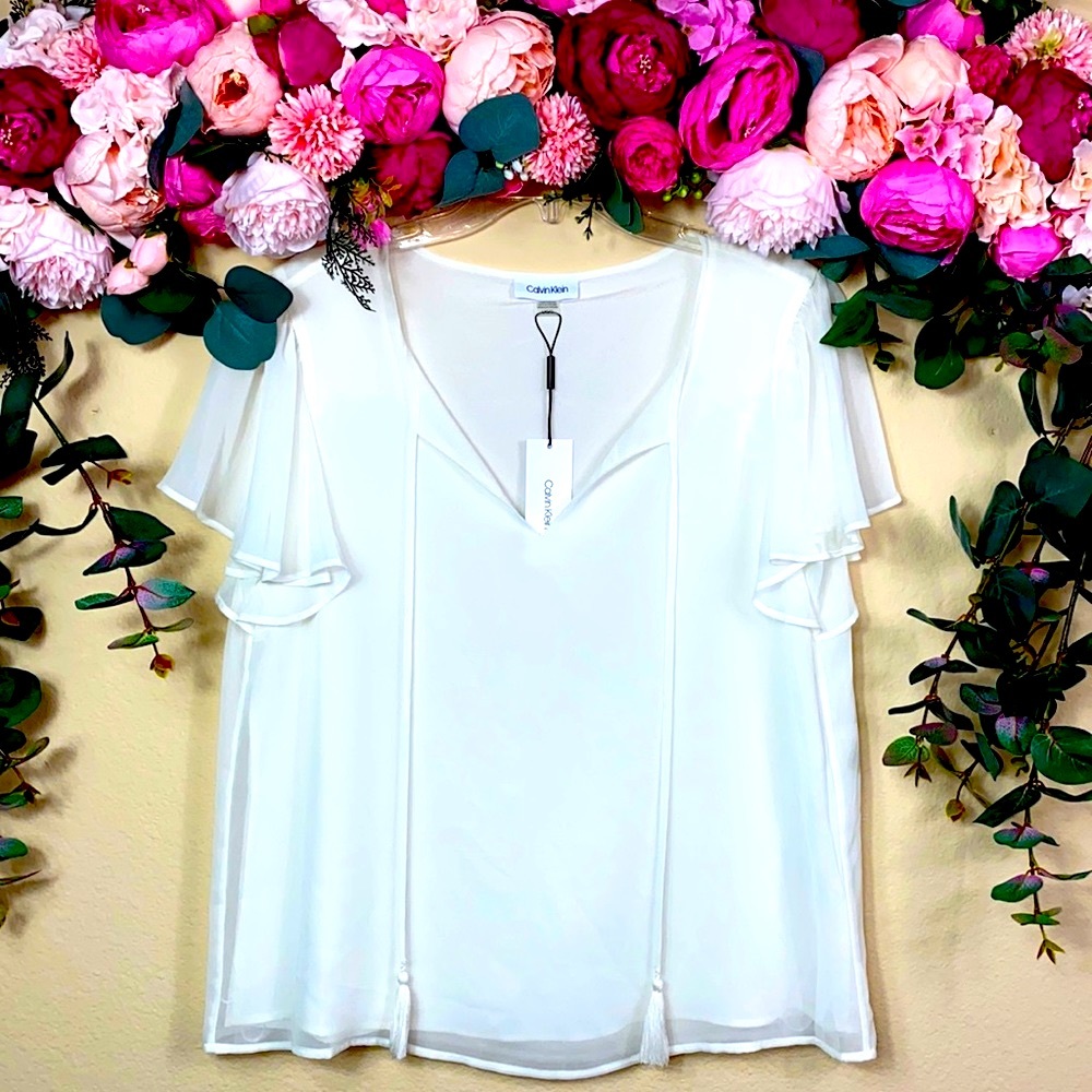 •calvin klein• NWT {wispy} White Chiffon Blouse with Tassel-tie V-Neck & Lining